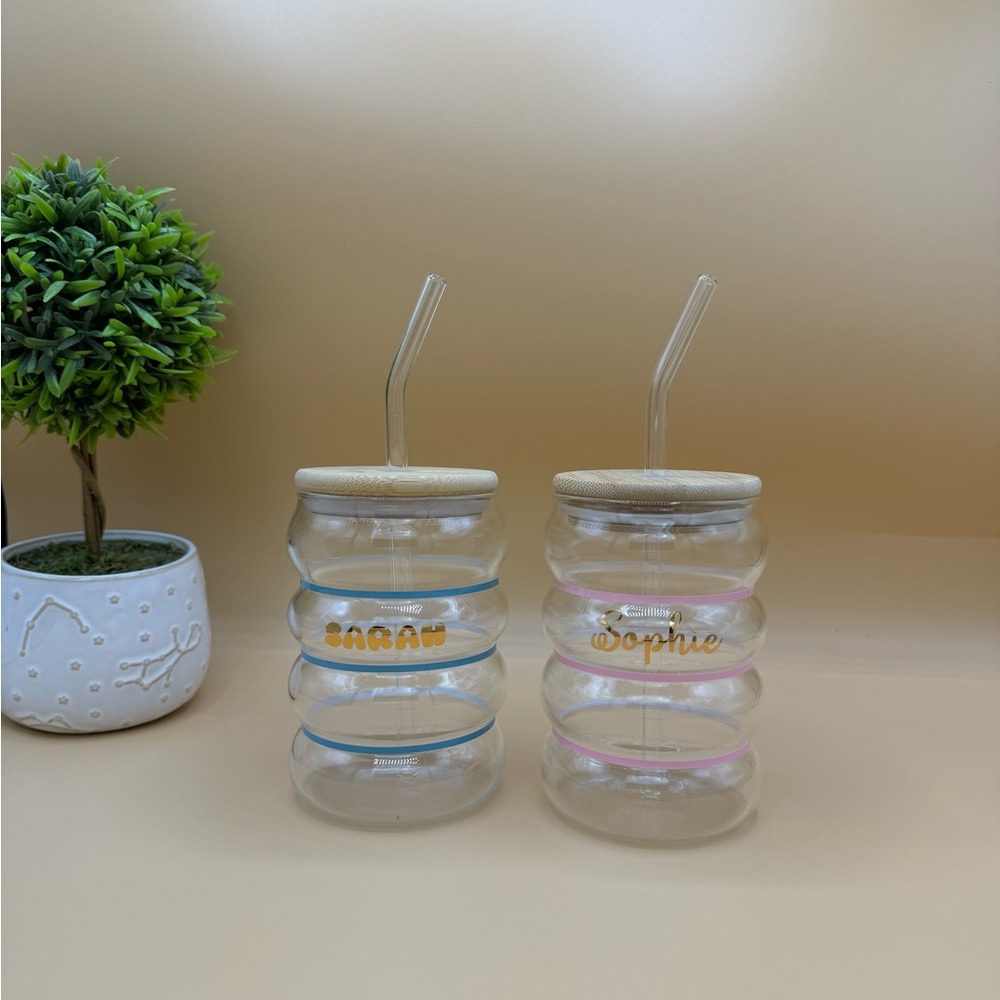 Glass coffee Tumbler, Iced Coffee Glass Wave, Retro Iced Coffee Cup 18 Oz